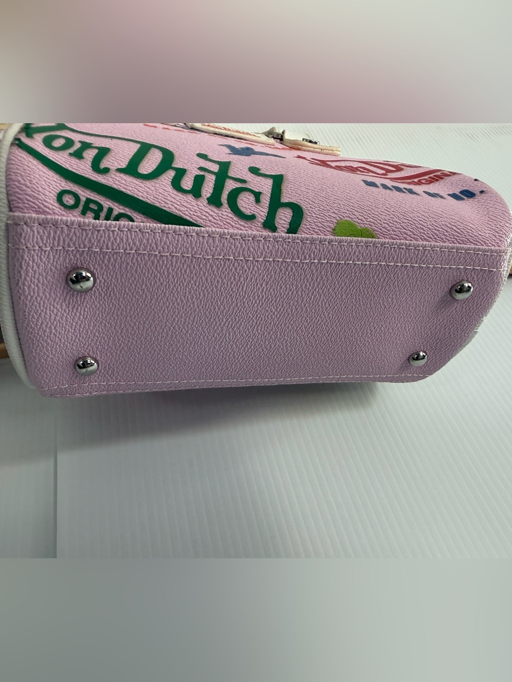 Von Dutch Pink Multi-Logo Mini Dome Satchel with White Trim - Picture 10 of 12